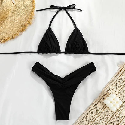 Women's solid colour pleated bikini swimsuit with high elasticity nylon fabric and removable padding