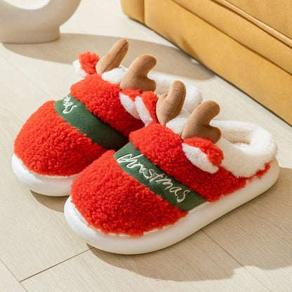 Cozy festive elk-themed slippers in red and green colors, featuring plush, soft materials for comfortable indoor wear