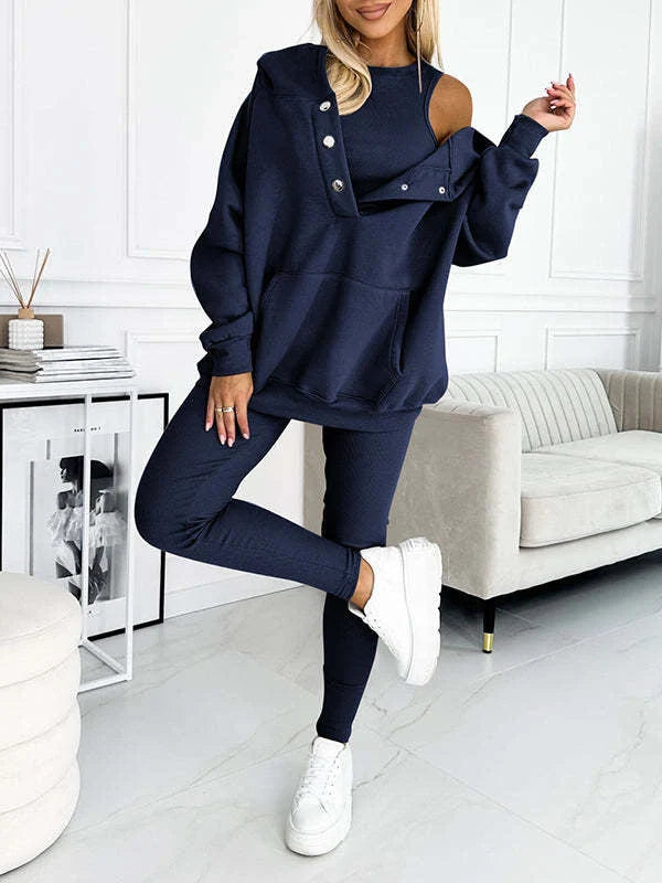 Women's 3-piece sports suit with hooded sweatshirt and slim trousers in various colours