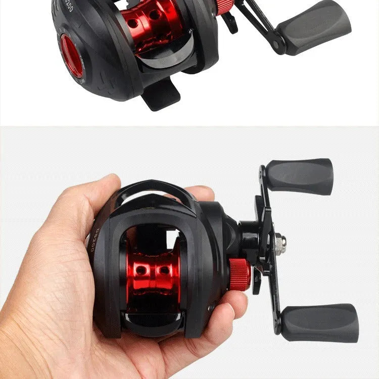DS200 blue left hand alloy double brake fishing reel with line on a dark background