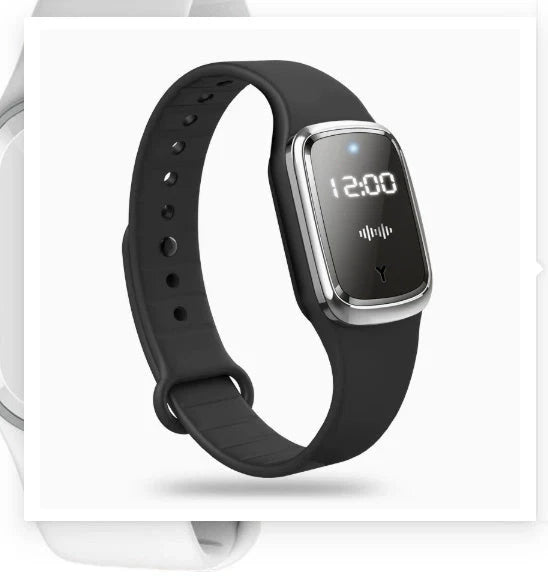 Ultrasonic mosquito repellent wristband in various colours, showcasing waterproof design and optional clock feature.