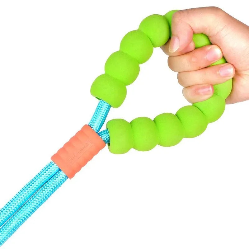 Nylon dog leash with foam handle in four colour options: black, light purple, sky blue, yellow.