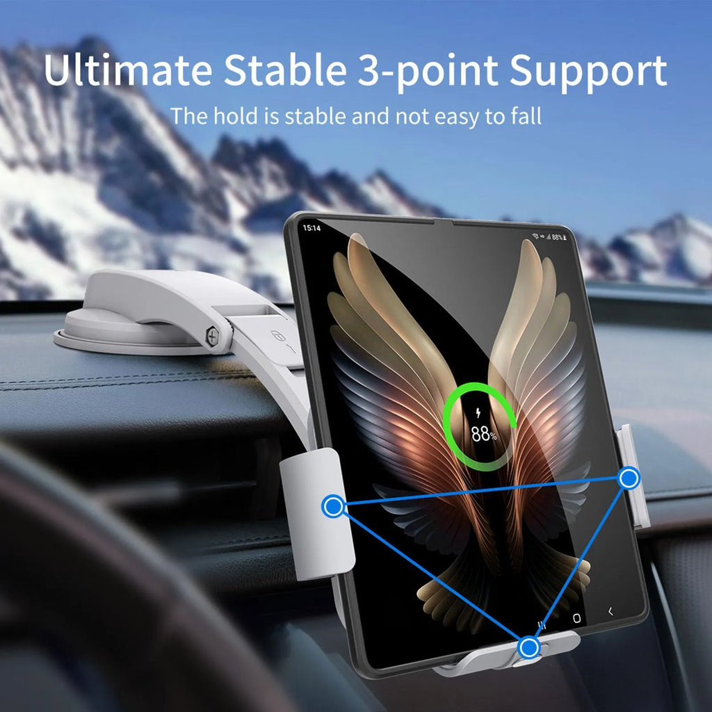 Grey and white wireless charging car phone holder with folding screen, showing air conditioner clip and suction cup bracket accessories.