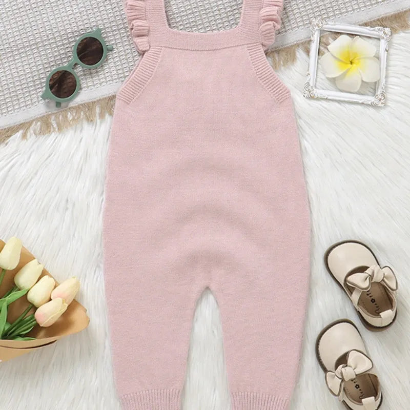 Infant solid colour flounced sleeve sling romper jumpsuit in knitted polyester double breasted design