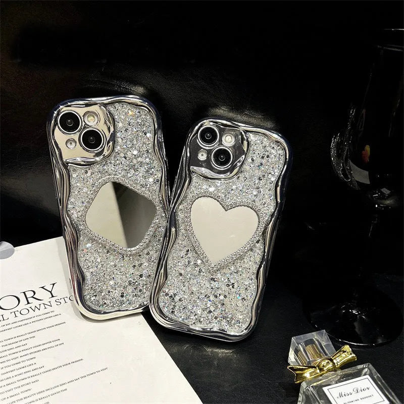 Silver gray TPU phone case with heart-shaped mirror insert for iPhone, high-flash epoxy finish