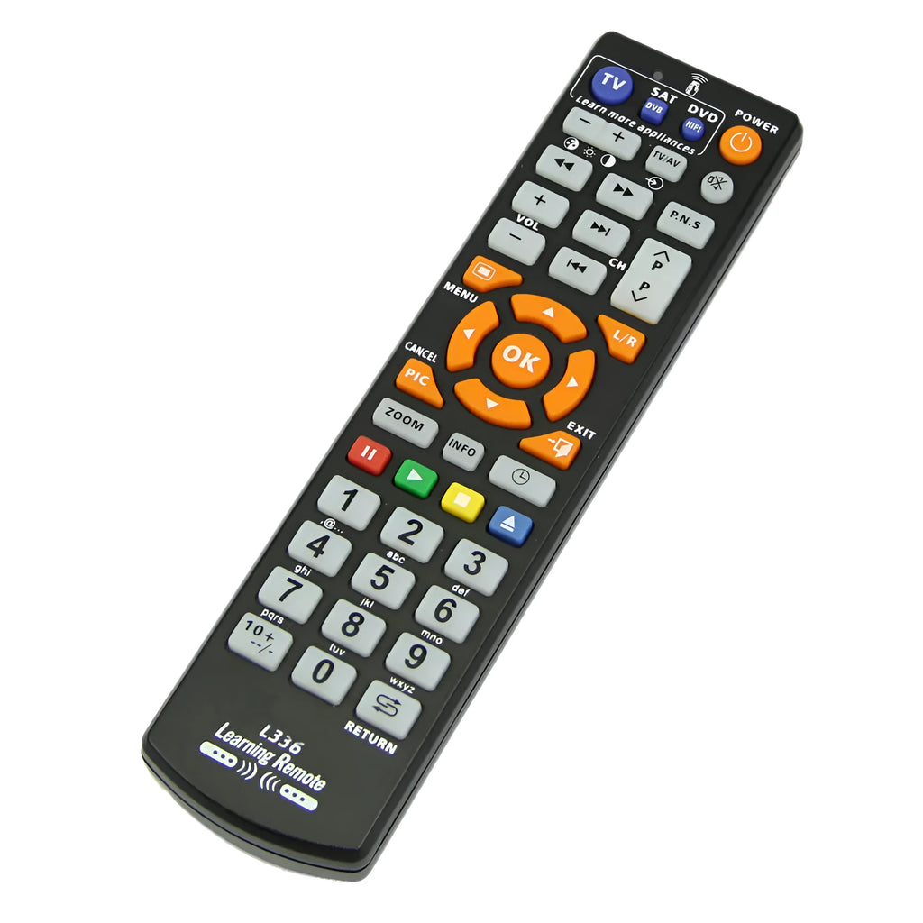 Black L336 universal learning remote control with infrared transmitter and standard entertainment button layout