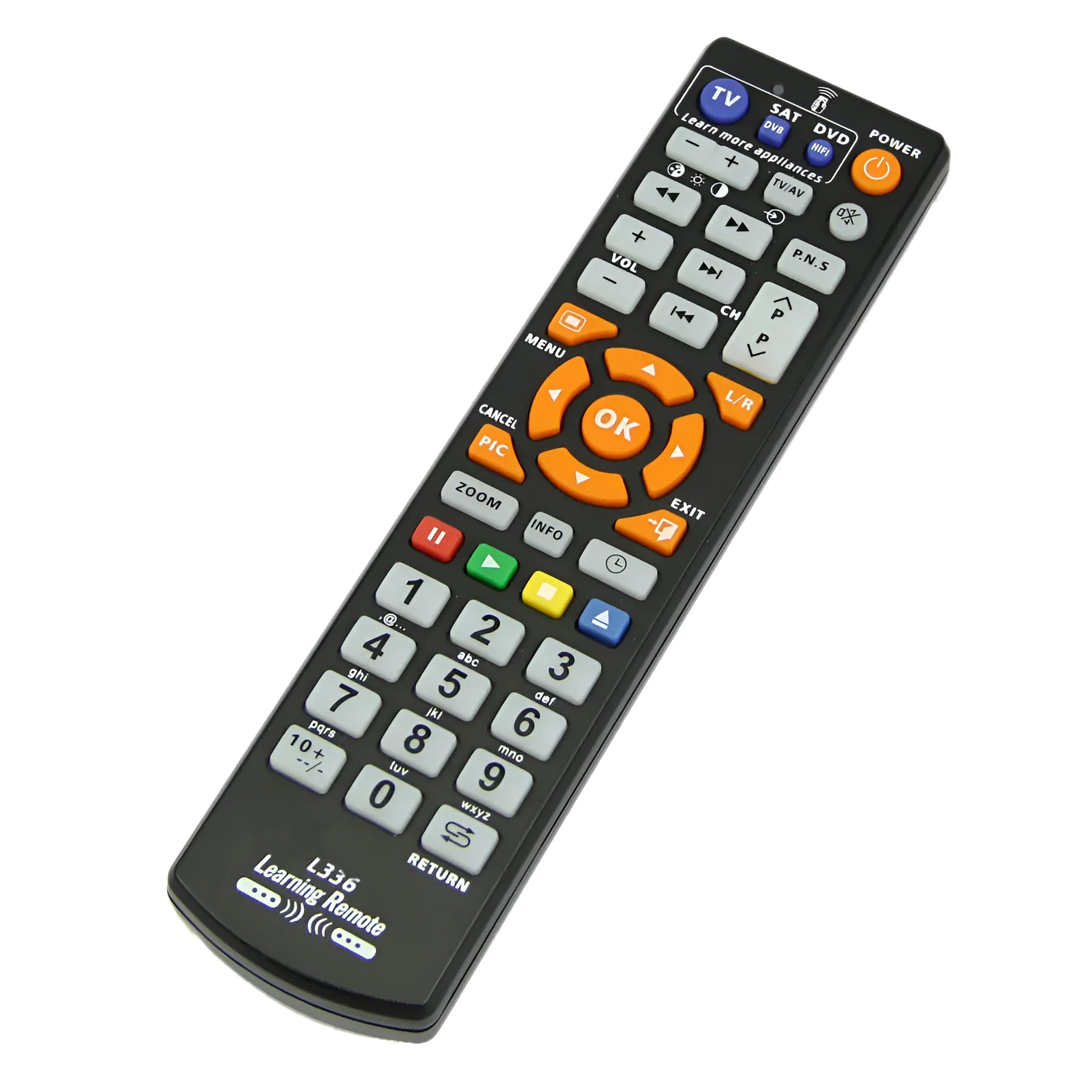 Black L336 universal learning remote control with infrared transmitter and standard entertainment button layout