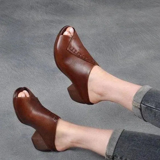 Women's black square heel peep-toe slipper sandals with a fish mouth opening and rubber sole.