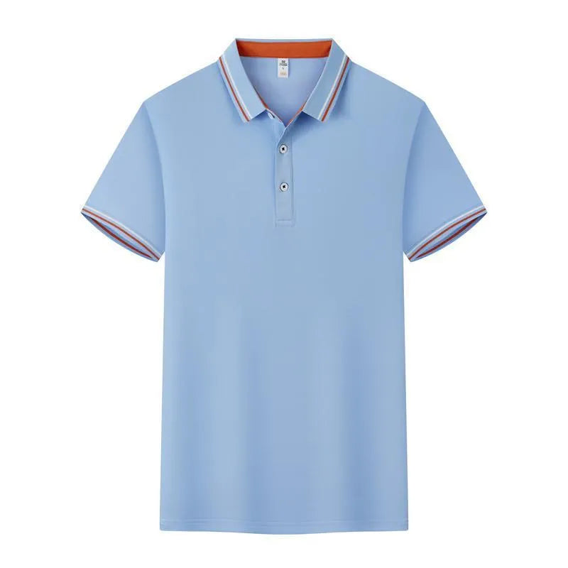 Men's slim fit cotton blend polo shirt on a hanger, showing collar and short sleeves.