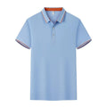 Men's slim fit cotton blend polo shirt on a hanger, showing collar and short sleeves.