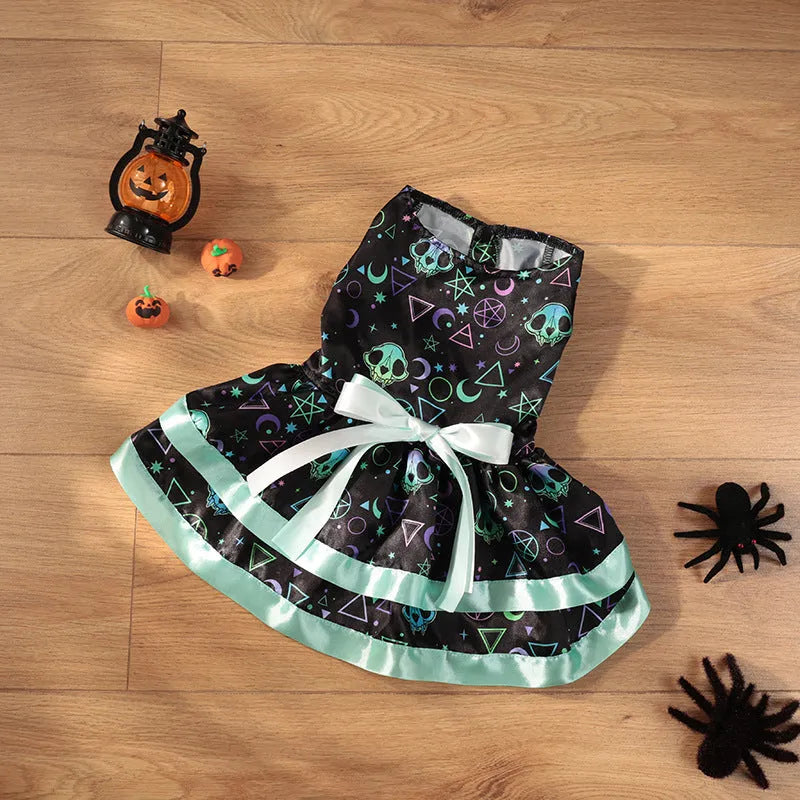 Halloween dog skirt in colourful pumpkin print, size medium, on a mannequin.