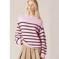 Pink stripe warm knitted pullover with round neck and long sleeves in loose fit chenille spandex blend
