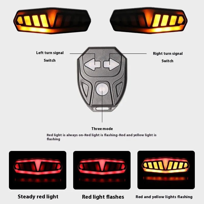 Bicycle taillight with wireless remote control showing turn signal functions and compact ABS housing