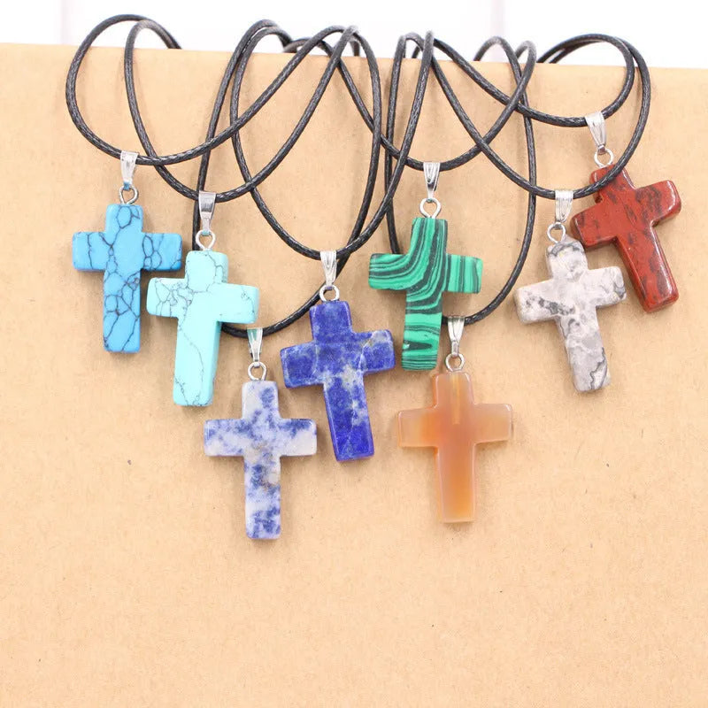 Natural stone cross marble pattern pendant necklace with alloy setting and snake chain, multiple colour options including amethyst and turquoise