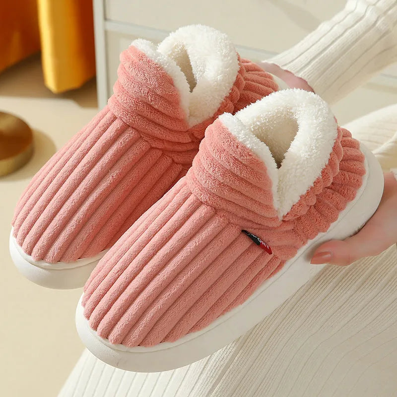 Women's winter cotton home slippers with corduroy lining, low-top flat heel, available in pink colour