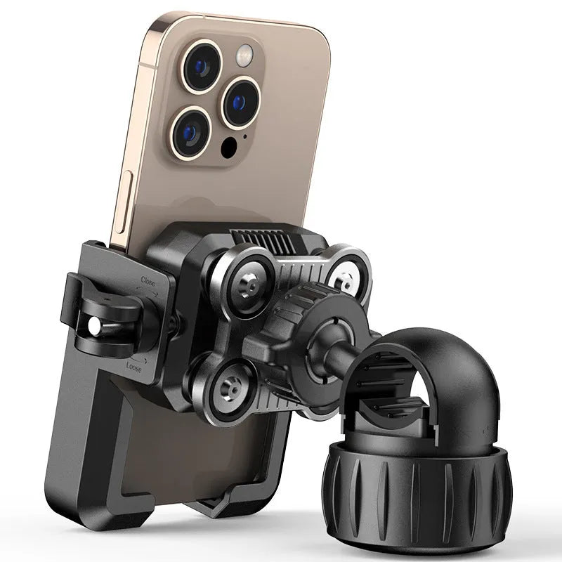 Black aluminium alloy motorcycle phone navigation bracket mounted on handlebars