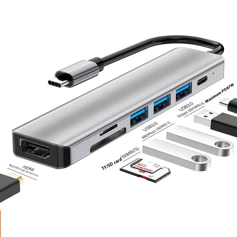 Type-C 7-in-1 expansion dock with HDMI port, USB ports, and a 15cm cable connected to a laptop.
