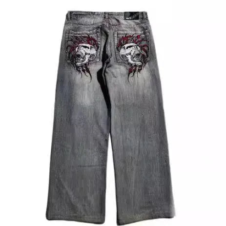 Men's grey washed-out jeans with American retro styling and wide-leg workwear design