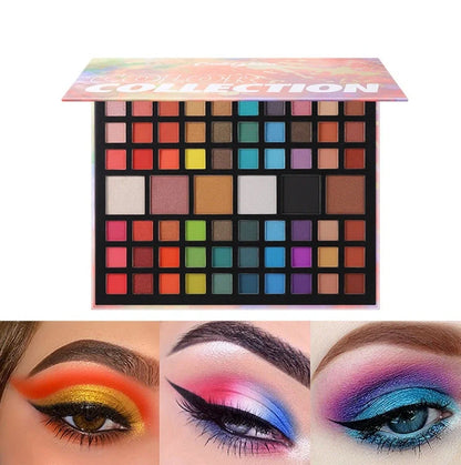 66-colour waterproof eyeshadow palette with matte and shimmer shades in pink packaging measuring 25.8cm by 20.5cm
