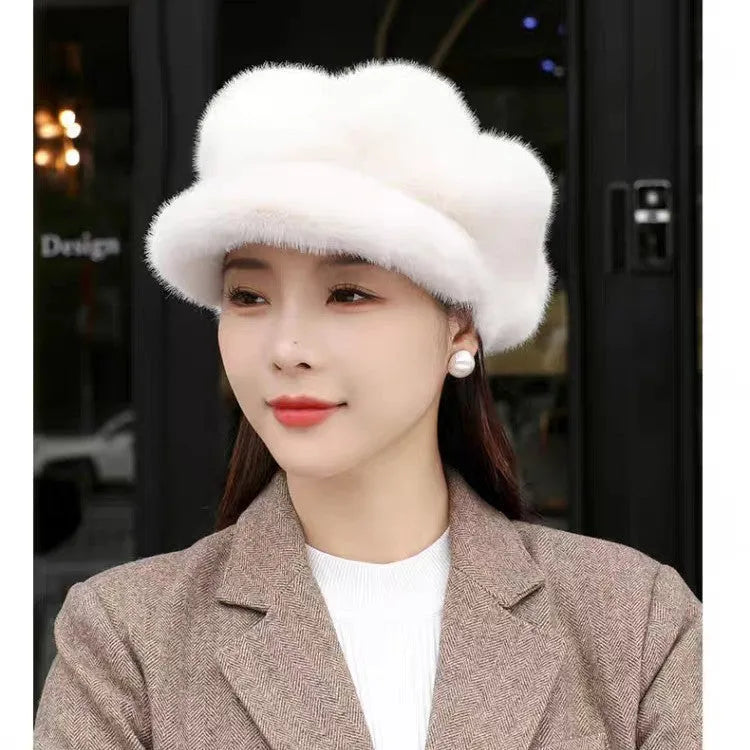 Women's knitted fake mink dome pumpkin hat in beige, one size 54-58 cm, warm and windproof for autumn winter