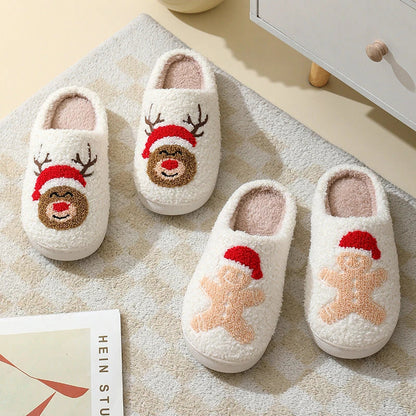 Cozy Christmas home slippers with festive designs, including Santa Claus, Moose, and Gingerbread Man patterns