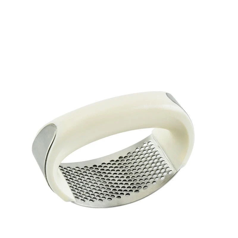 Stainless steel garlic press with non-slip handle for easy mashing