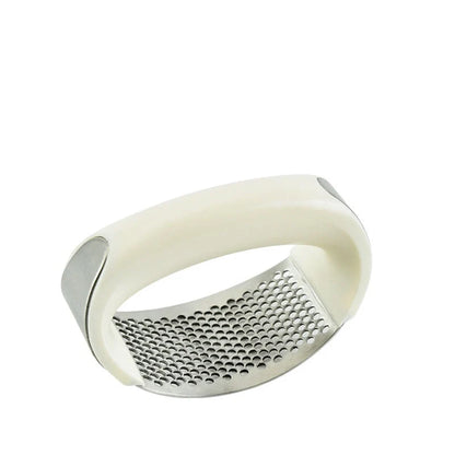 Stainless steel garlic press with non-slip handle for easy mashing