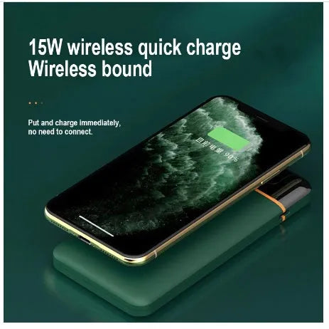 Portable power bank 20000mAh with 22.5W fast charging and 15W wireless charging in retro green colour