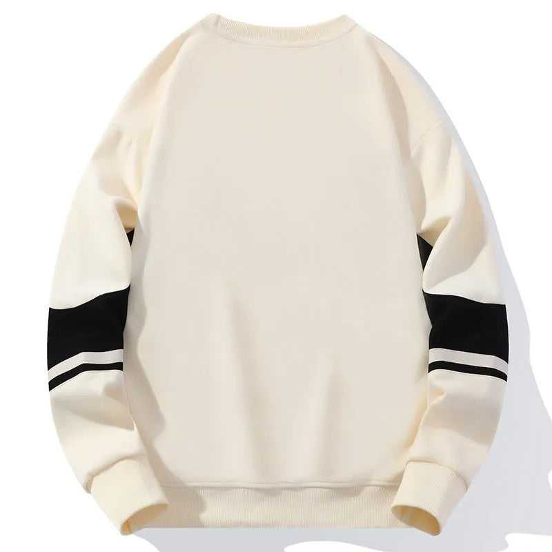 Men's fashion print crew neck sweatshirt in polyester, available in black, beige, green, and coffee colours, sizes M to 4XL