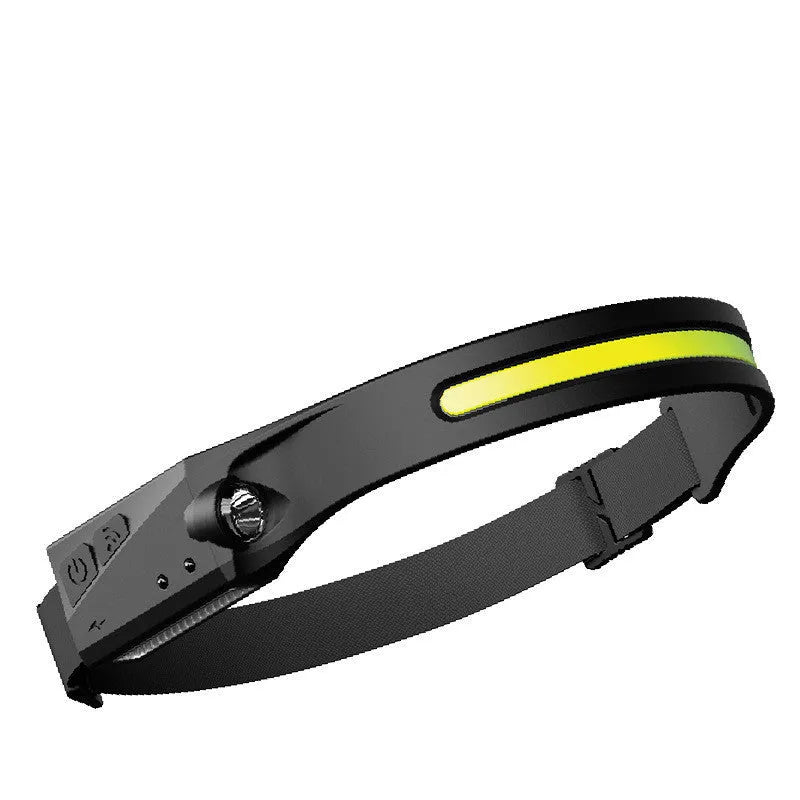 Black silicone USB-rechargeable headlamp with a wide COB LED lens and a side wave sensor.