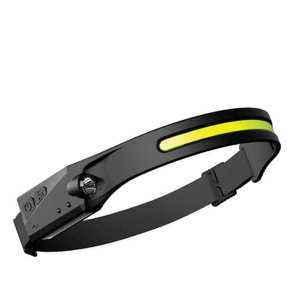 A hands-free LED headlamp with induction activation, wide-angle beam, and powerful illumination for outdoor adventures.