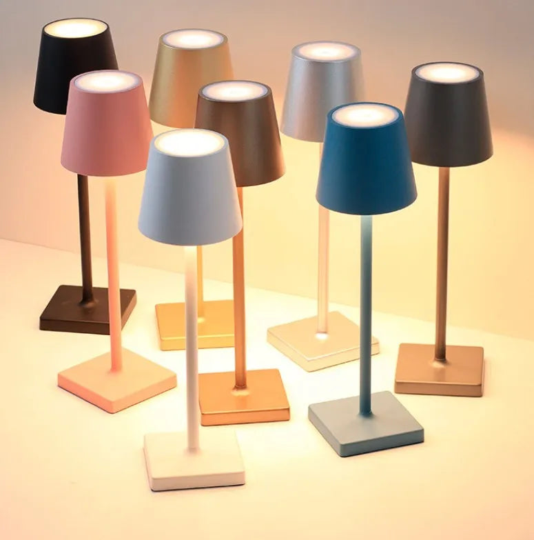 Aluminium LED charging table lamp with touch dimming and USB rechargeable base, available in multiple colours