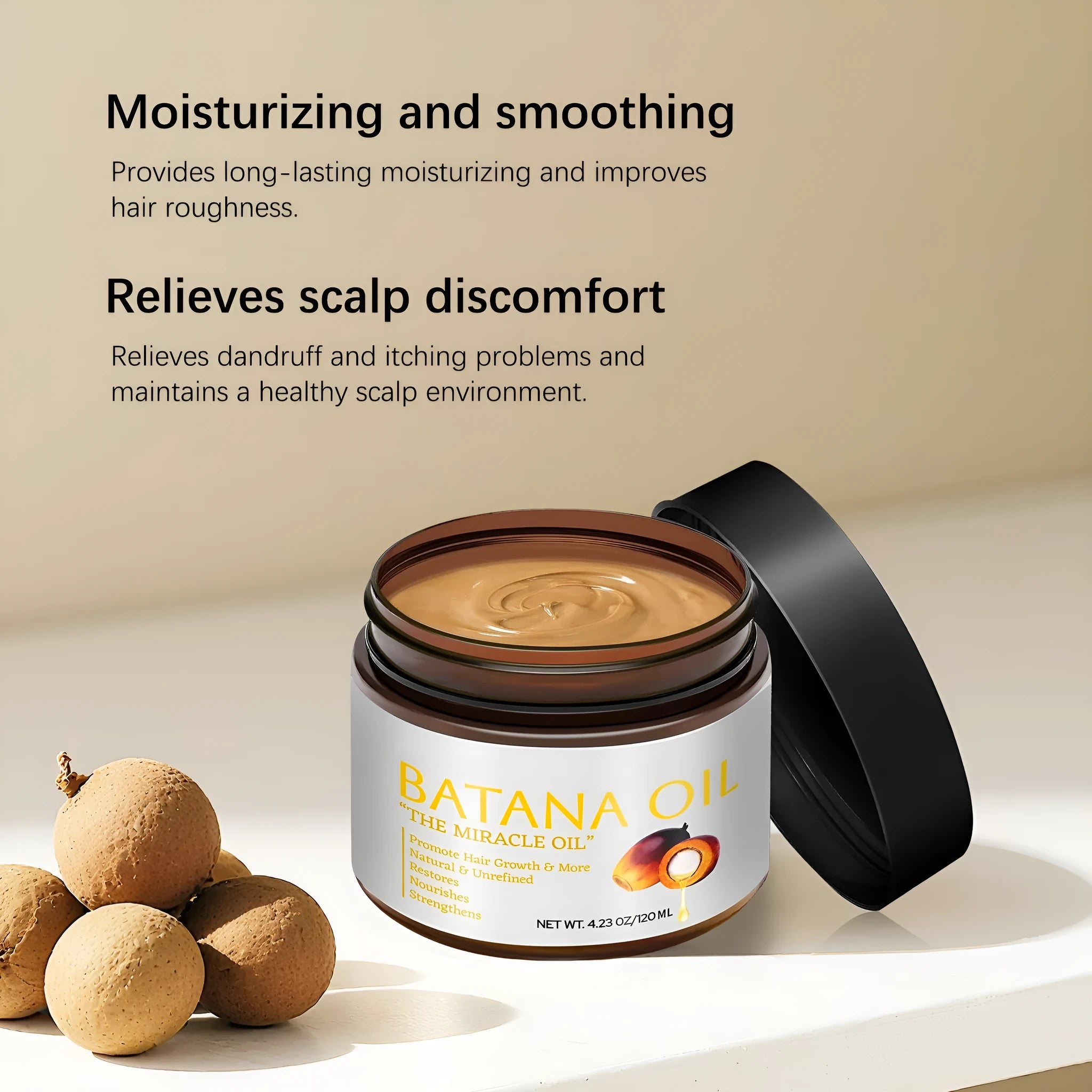 Batana Hair Mask bottle with 120ml net content for frizzy hair treatment