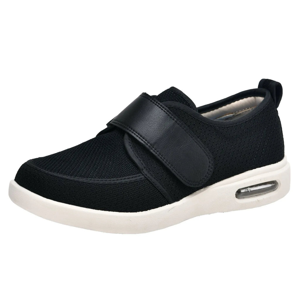 Men's velcro casual shoes in black with mesh fabric upper and round toe