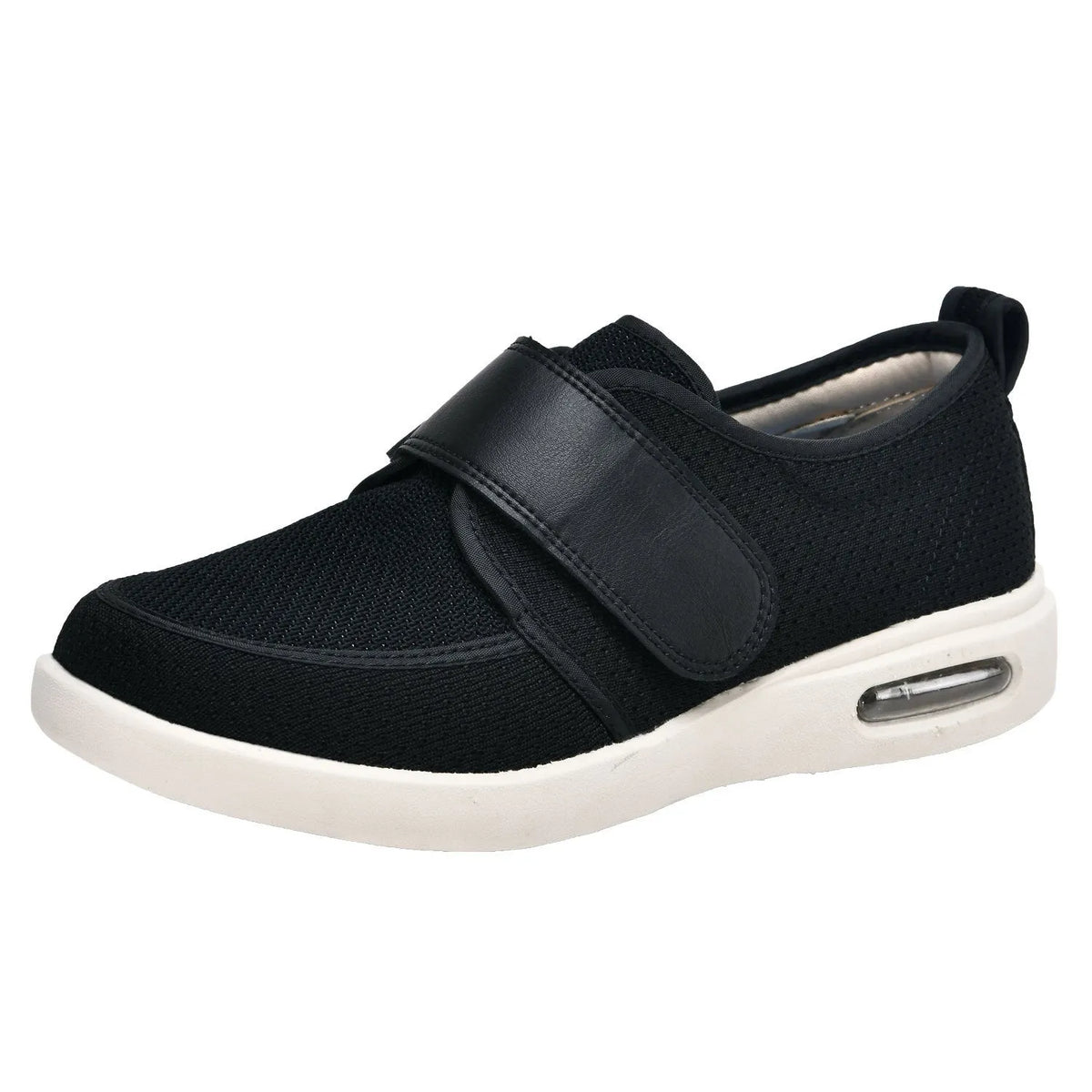 Men's velcro casual shoes in black with mesh fabric upper and round toe