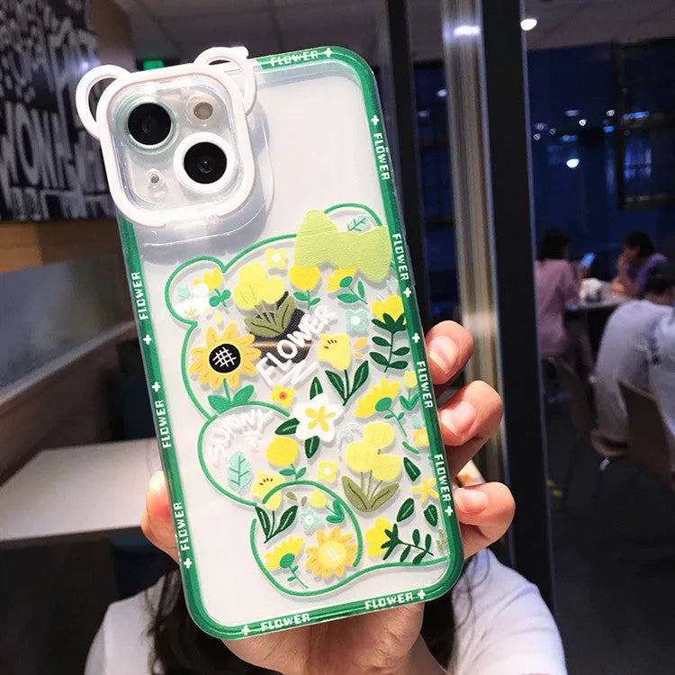 Hand-painted TPU phone case with cartoon bear and flower holder in black and green for Apple iPhone