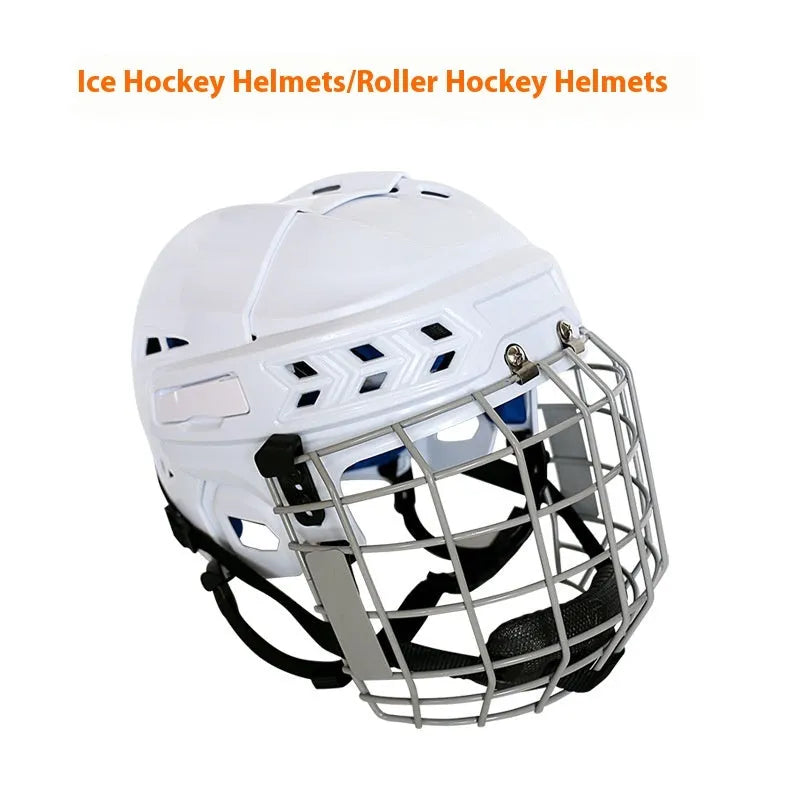 Ice hockey and ball hockey helmet with a carbon steel face mask, shown in a neutral colour.