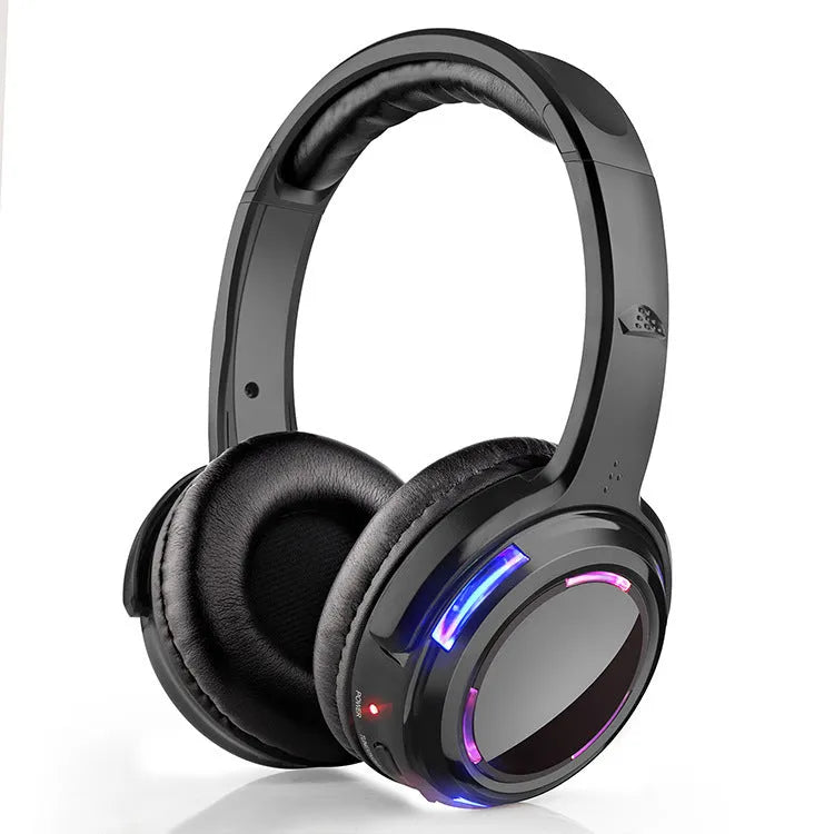 Black wireless silent disco headphones with head-mounted design and a 3.5mm plug