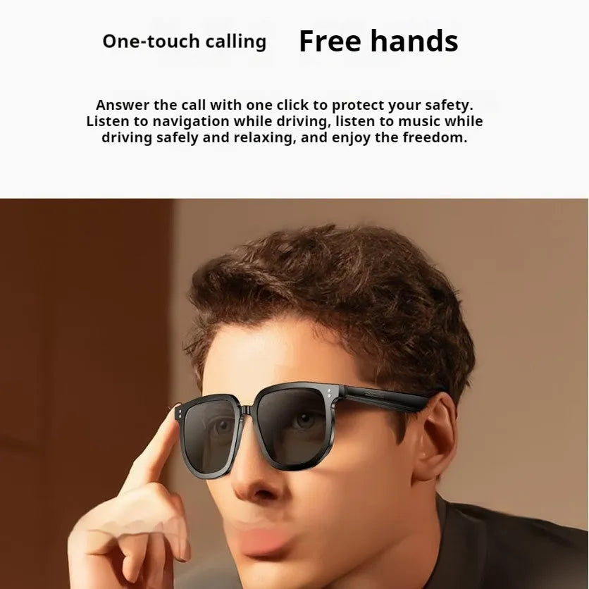 Black AI smart glasses with Bluetooth audio, touch controls, and UV protection lenses.