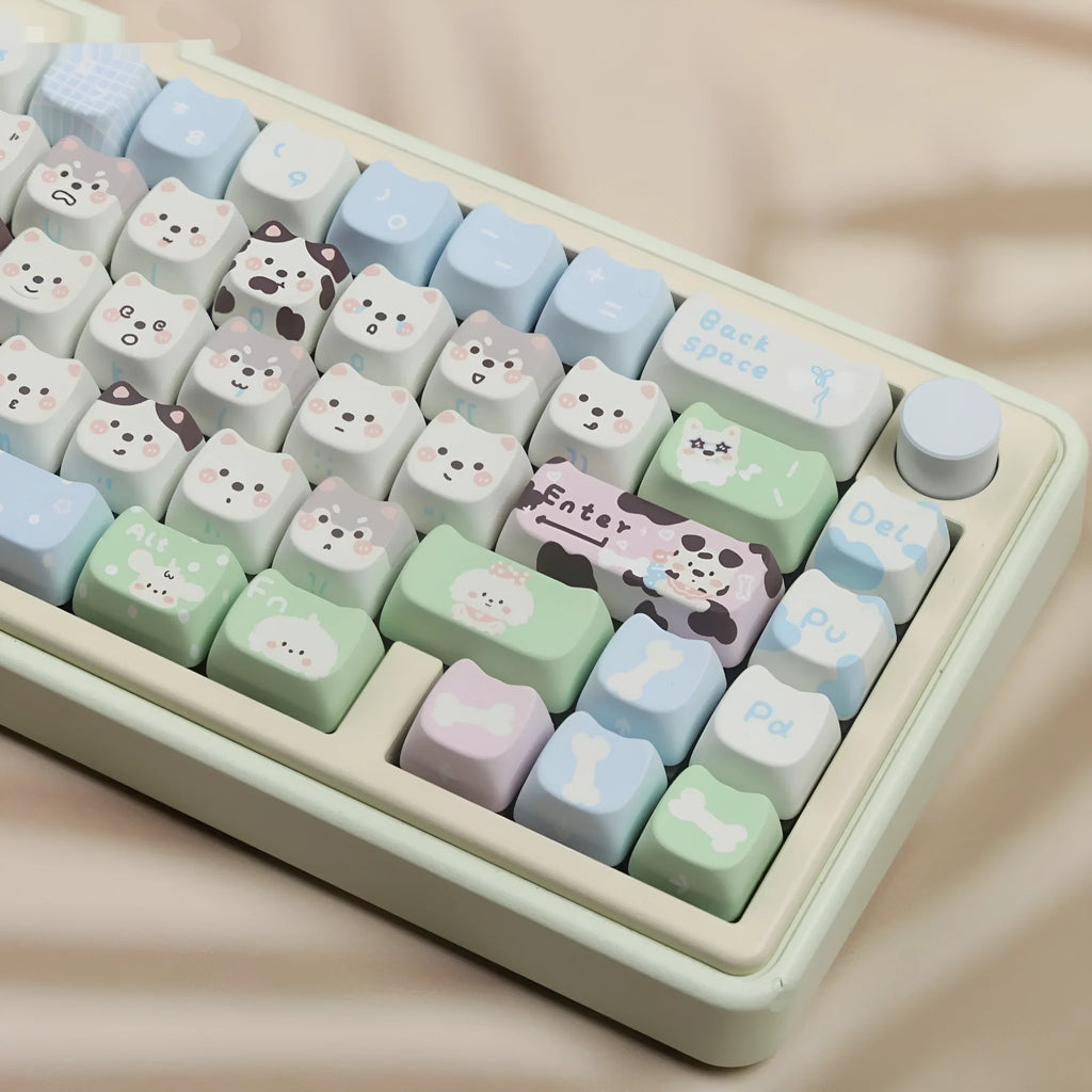 Puppy themed PBT sublimation keycap set with 26 pieces and keycap puller for mechanical keyboard customisation