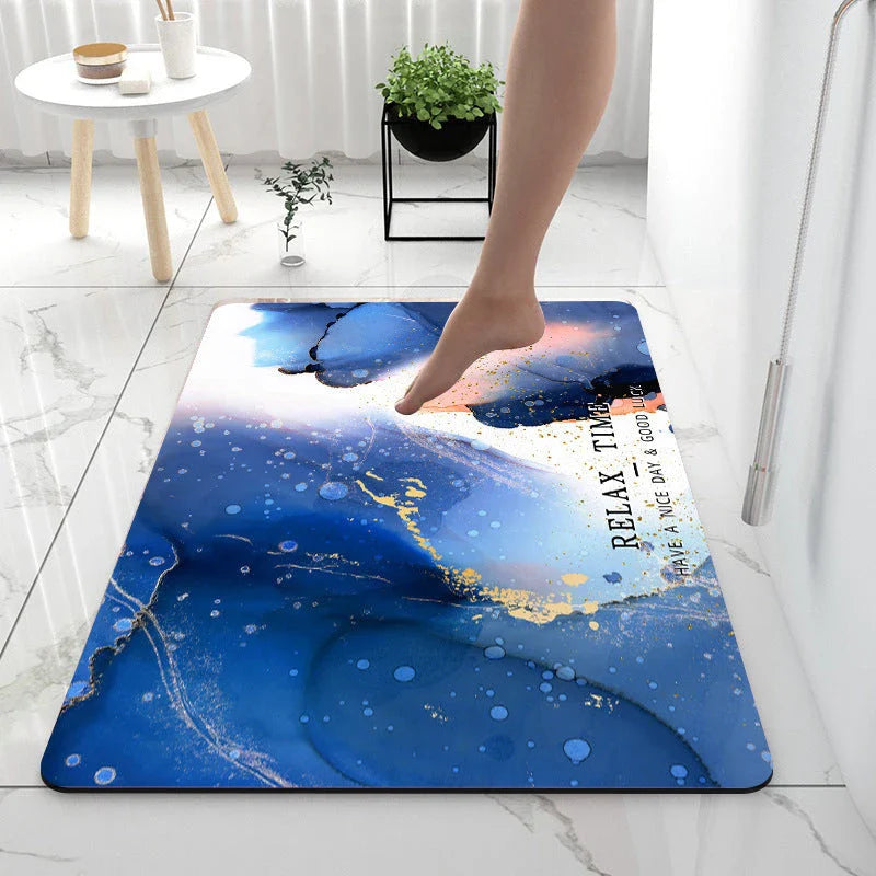 Absorbent and anti-slip bathroom or kitchen floor mat made of diatom mud fabric, sponge, and rubber for moisture control and traction