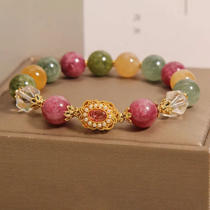 Jade colour tourmaline bead bracelet for women with alloy setting and rhinestone details