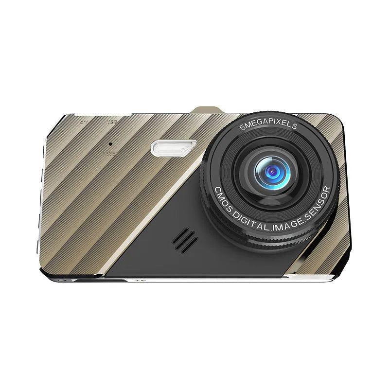 Black 4-inch touch screen dual lens car dashcam mounted on a windscreen