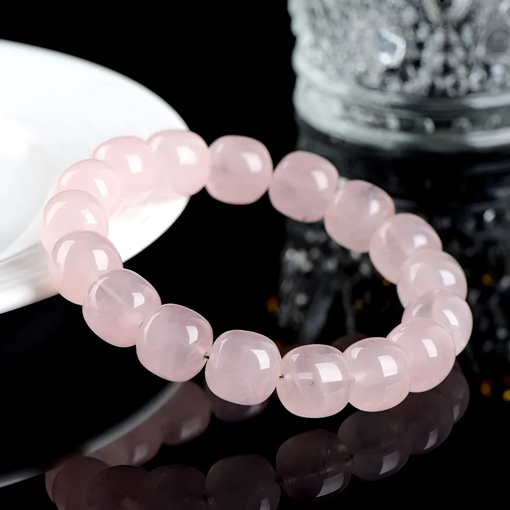 Pink natural bamboo crystal bracelet with 11mm geometric barrel beads