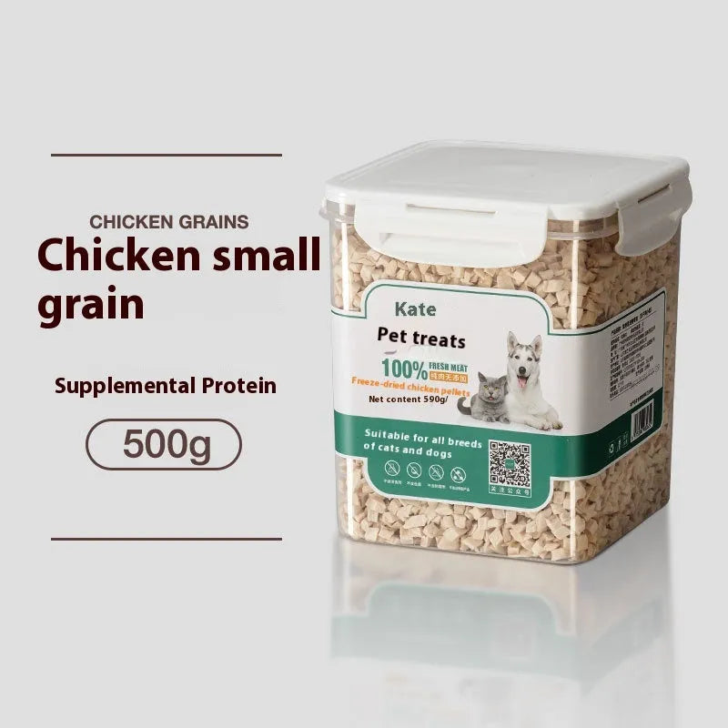 500g bag or barrel of freeze-dried chicken nugget cat treats on a plain background