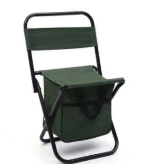 Portable folding fishing chair with cooler bag in army green, blue, camouflage, and green options