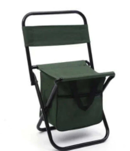 Portable folding fishing chair with cooler bag in army green, blue, camouflage, and green options