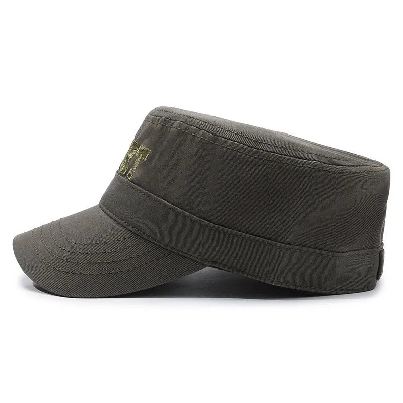 Men's adjustable flat-top cotton peaked cap in army green with English letter detail.
