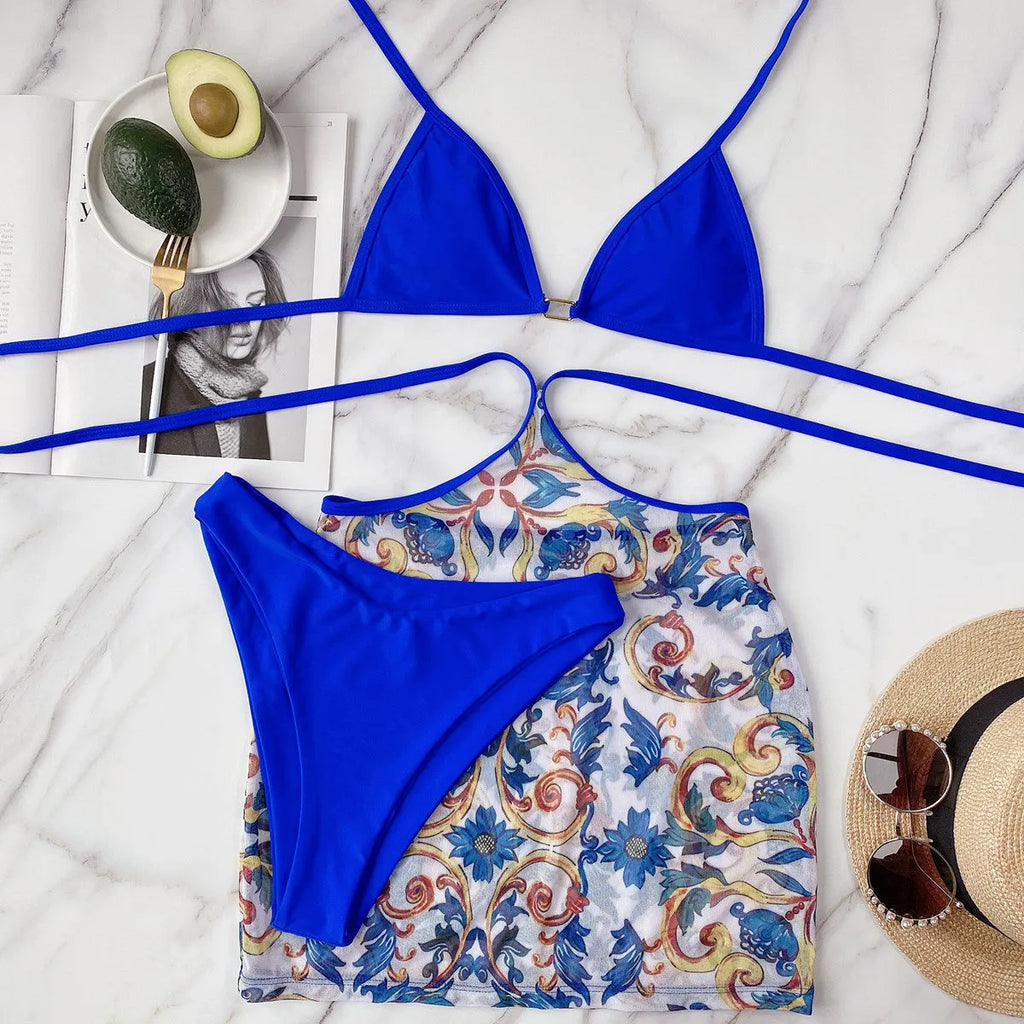 Blue triangle bikini 3 piece set with chest pad spandex polyester women swimwear sizes S M L
