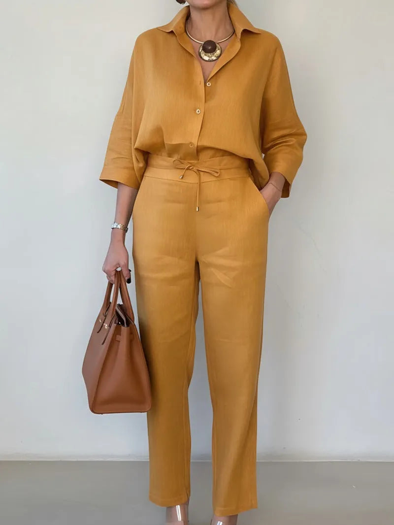 Women's solid colour polo collar two-piece shirt and pants set in army green, nine-quarter sleeves, stitching detail